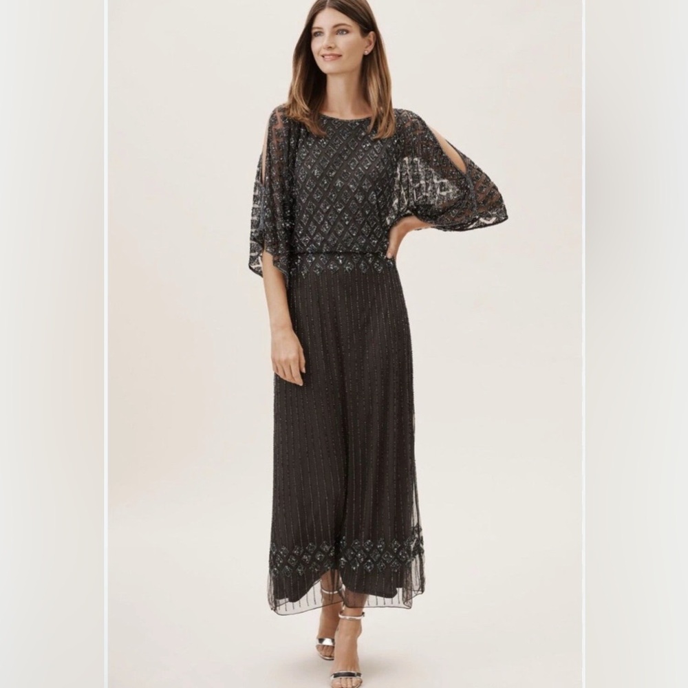 NWT Pissaro Nights Beaded Cold-Shoulder Blouson Cocktail Dress/Gown Gray Size 4